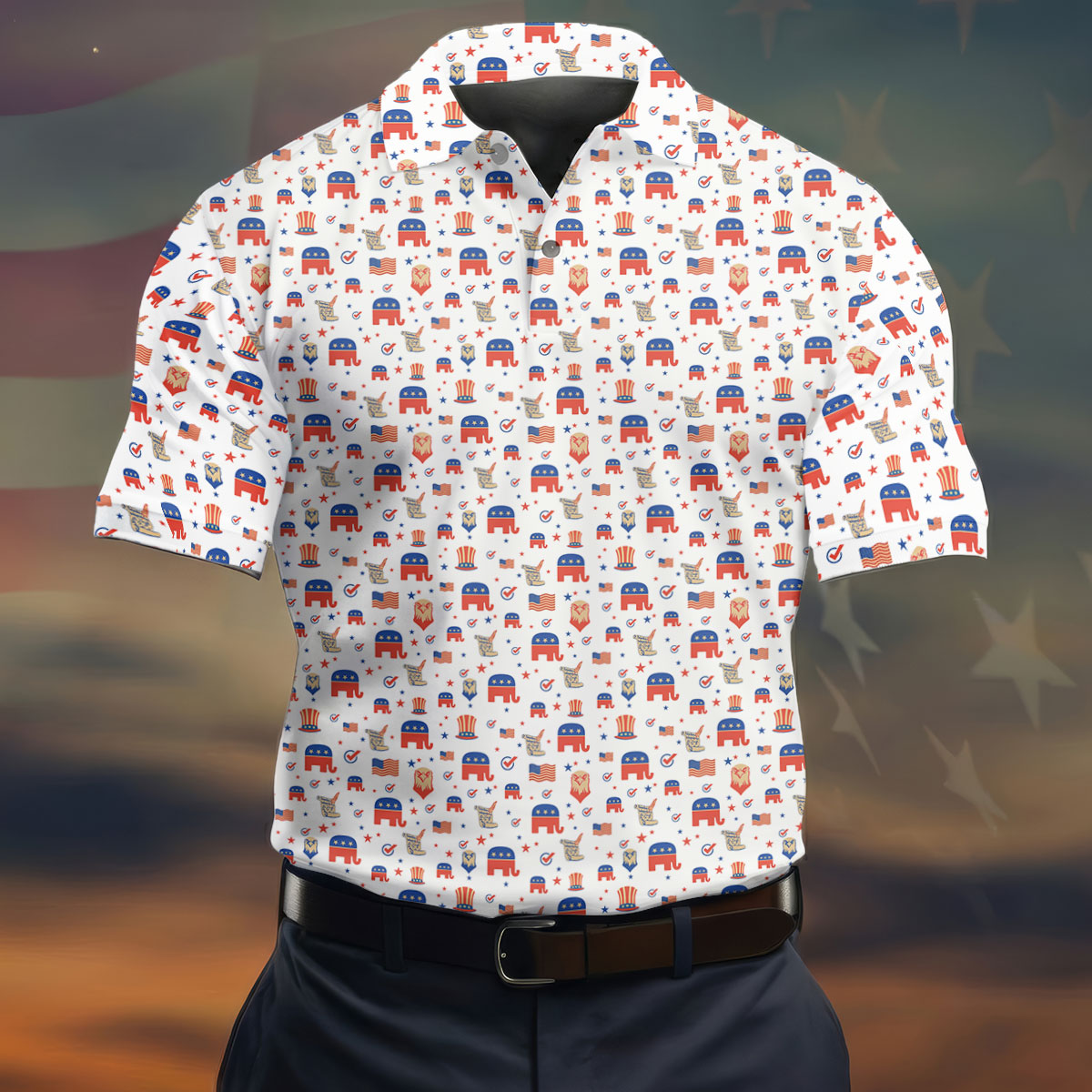 US Bald Eagle Political Elephant 250th Anniversary White Golf Shirt, Patriotic 4th Of July Golf Shirts For Men