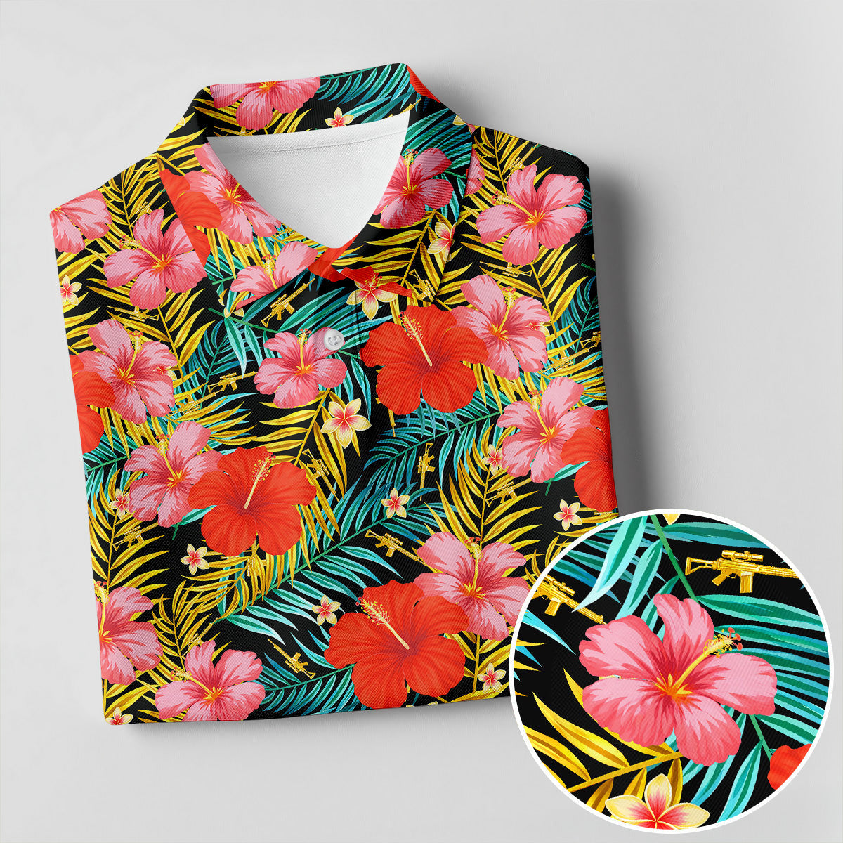 Red Hibicus Gold Palm Leaf Hawaiian Golf Shirt, Summer Theme Golf Shirts For Men