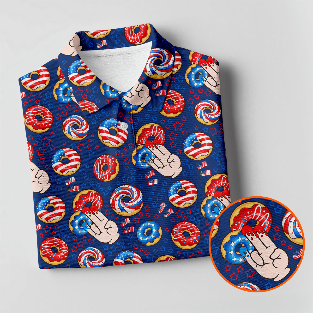 Donut Finger Funny Dirty American Flag Pattern Blue Golf Shirts For Men, 250th Anniversary Patriotic Golf Shirt