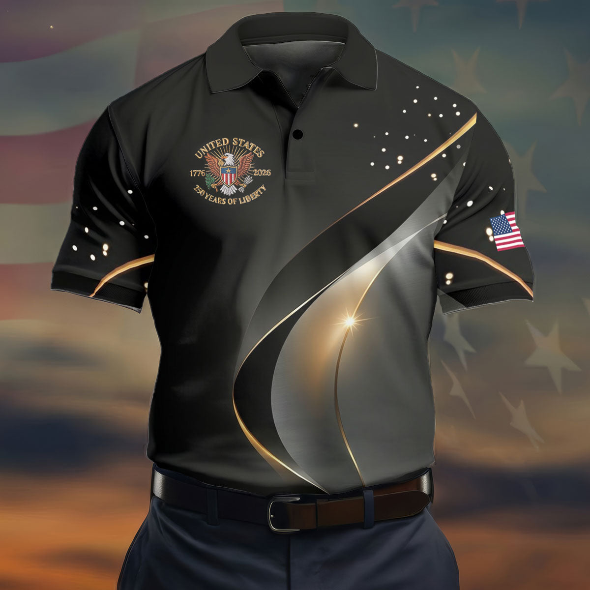 US 250 Years Of Liberty American Flag And Bald Eagle Black Golf Shirt, Patriotic 4th Of July Golf Shirts For Men