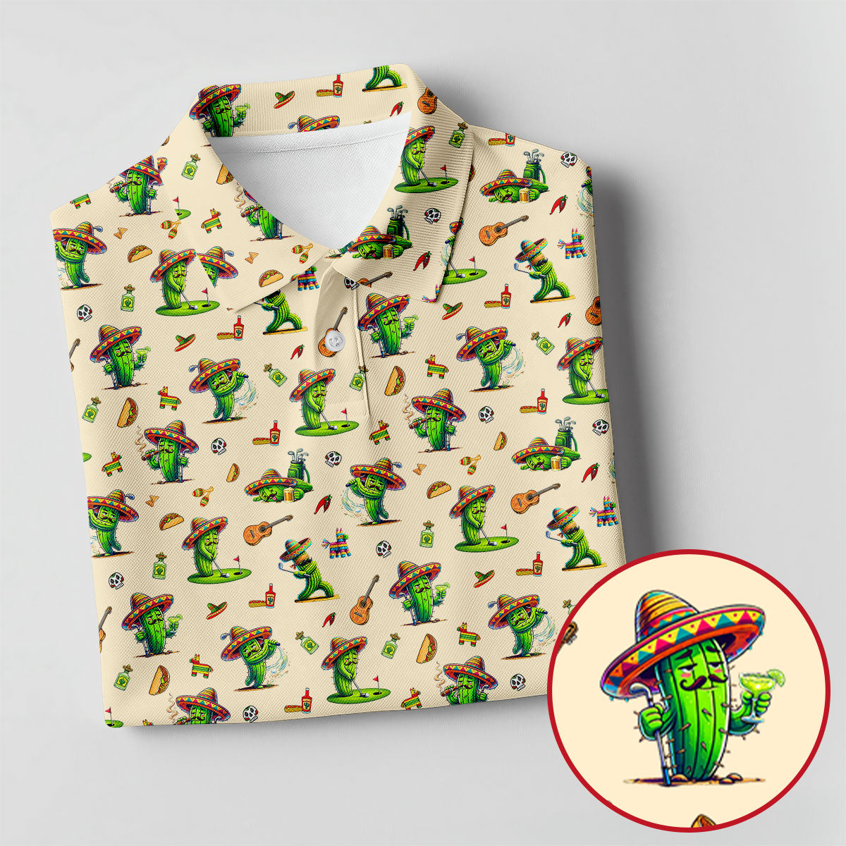 Cartoon Mustach Funny Cactus Cinco De Mayo Celebration Fiesta Themed Beige Golf Shirt For Women
