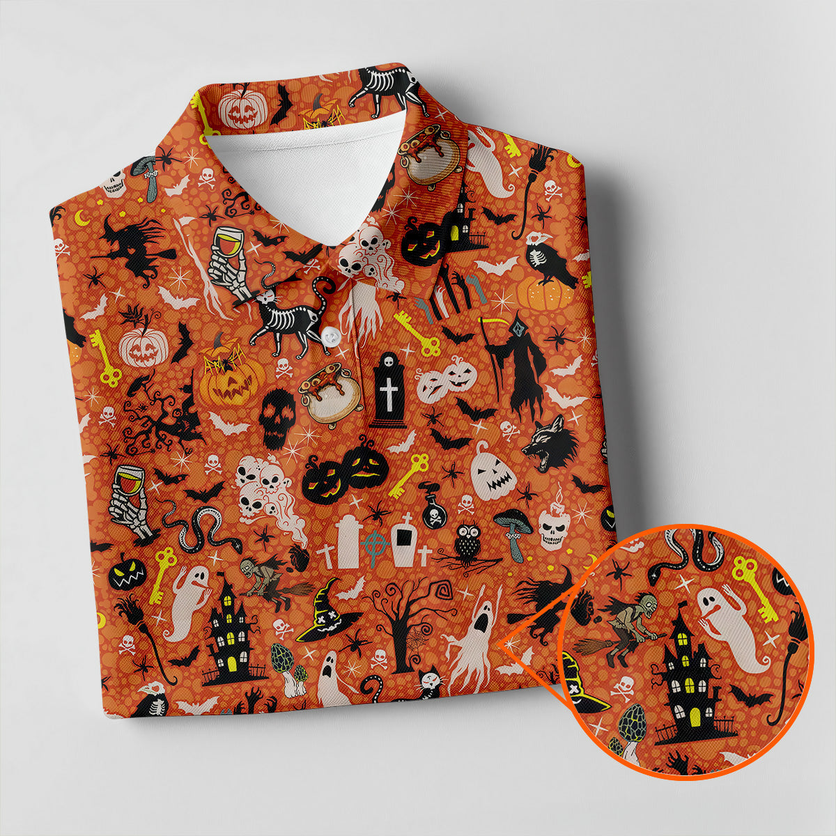 Halloween Skull Witch Cat Orange Golf Shirt, Funny Halloween Polo ShirtFor Men, Golf Gift For Men