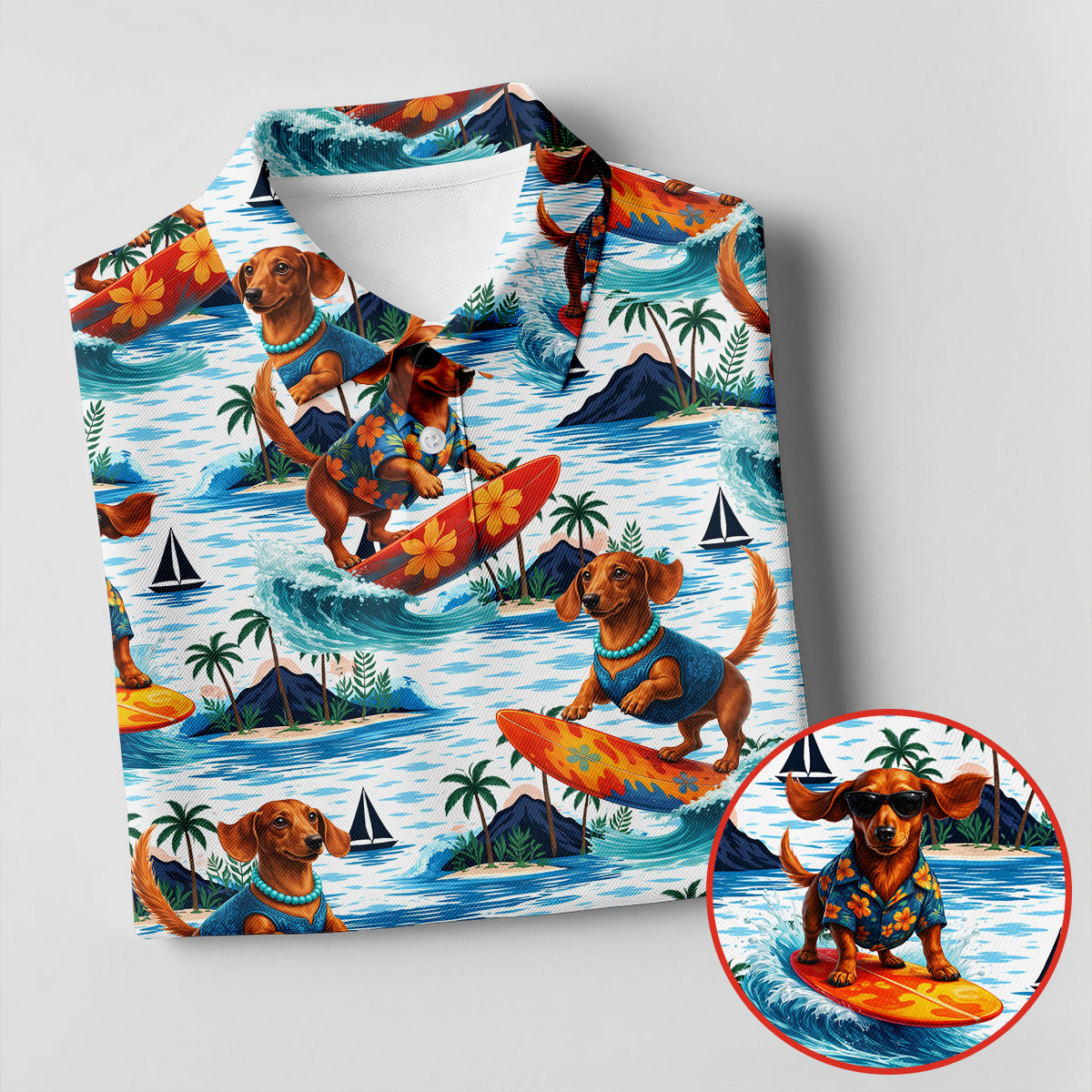 Funny Dachshund Surfing Beach Hawaiian Golf Shirt, Summer Vibe Golf Shirts For Men