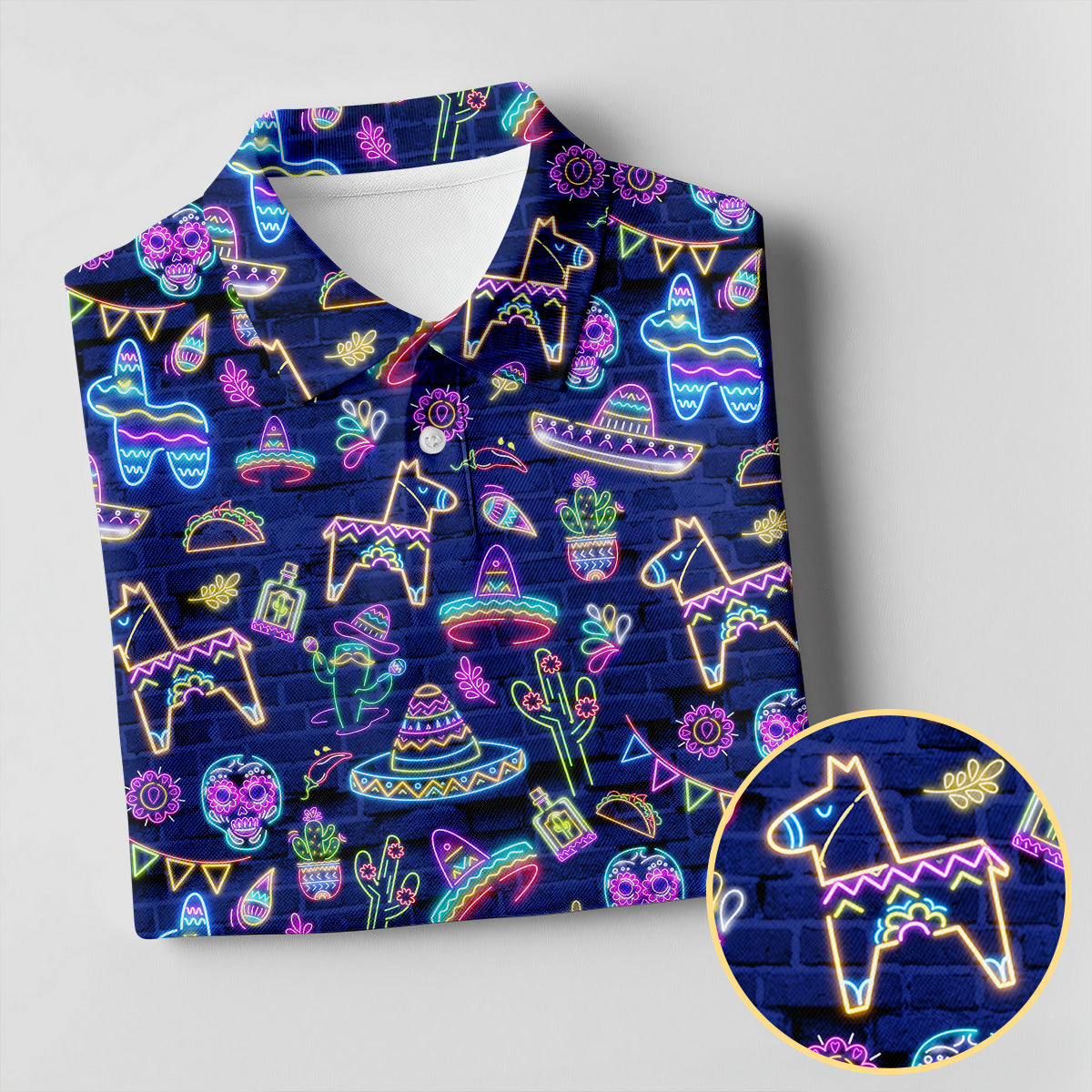 Mexican Holiday Symbols Neon Pattern Cinco De Mayo Celebration Fiesta Themed Golf Shirts For Men