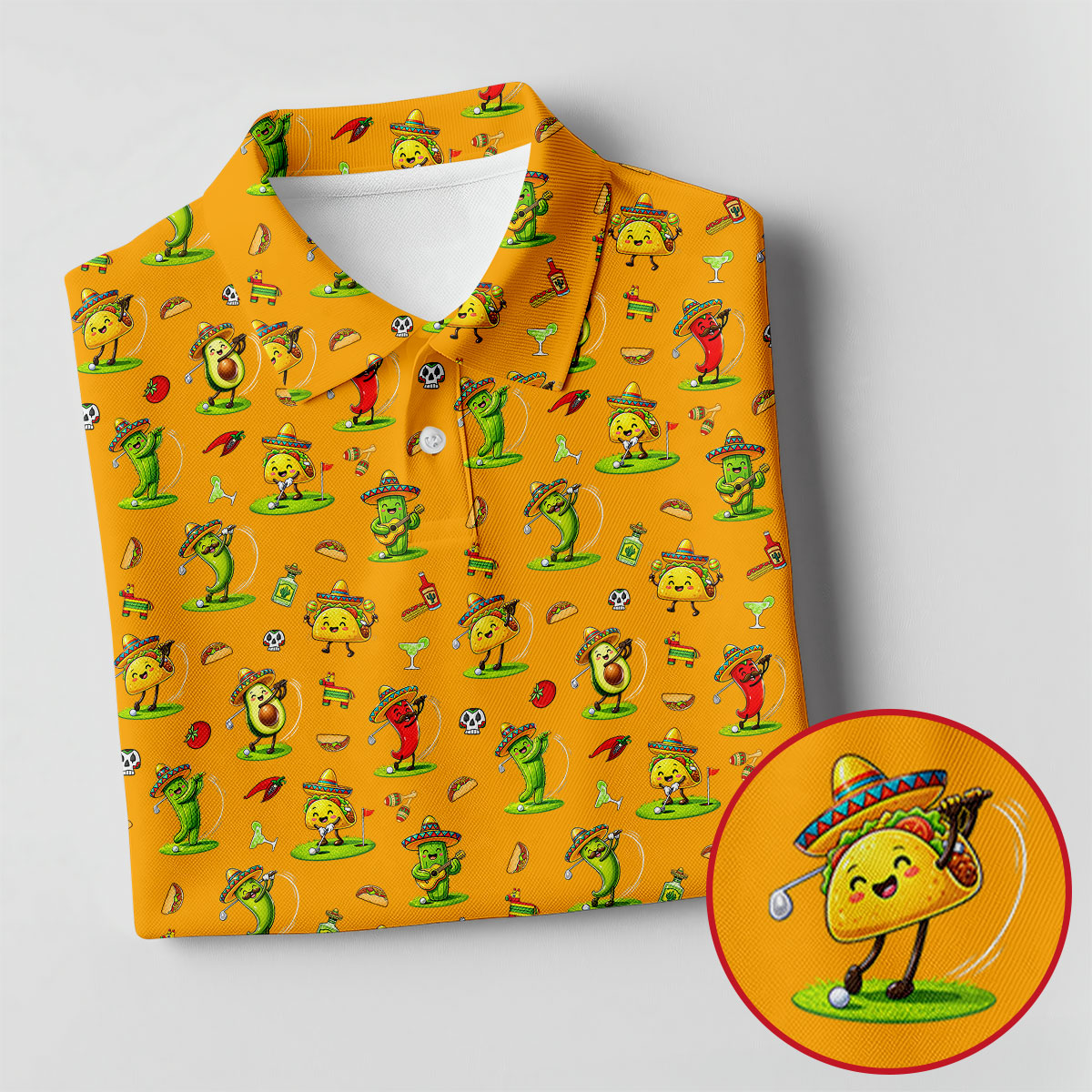 Mexican Cartoon Food Characters Cinco De Mayo Celebration Fiesta Themed Yellow Golf Shirt For Women