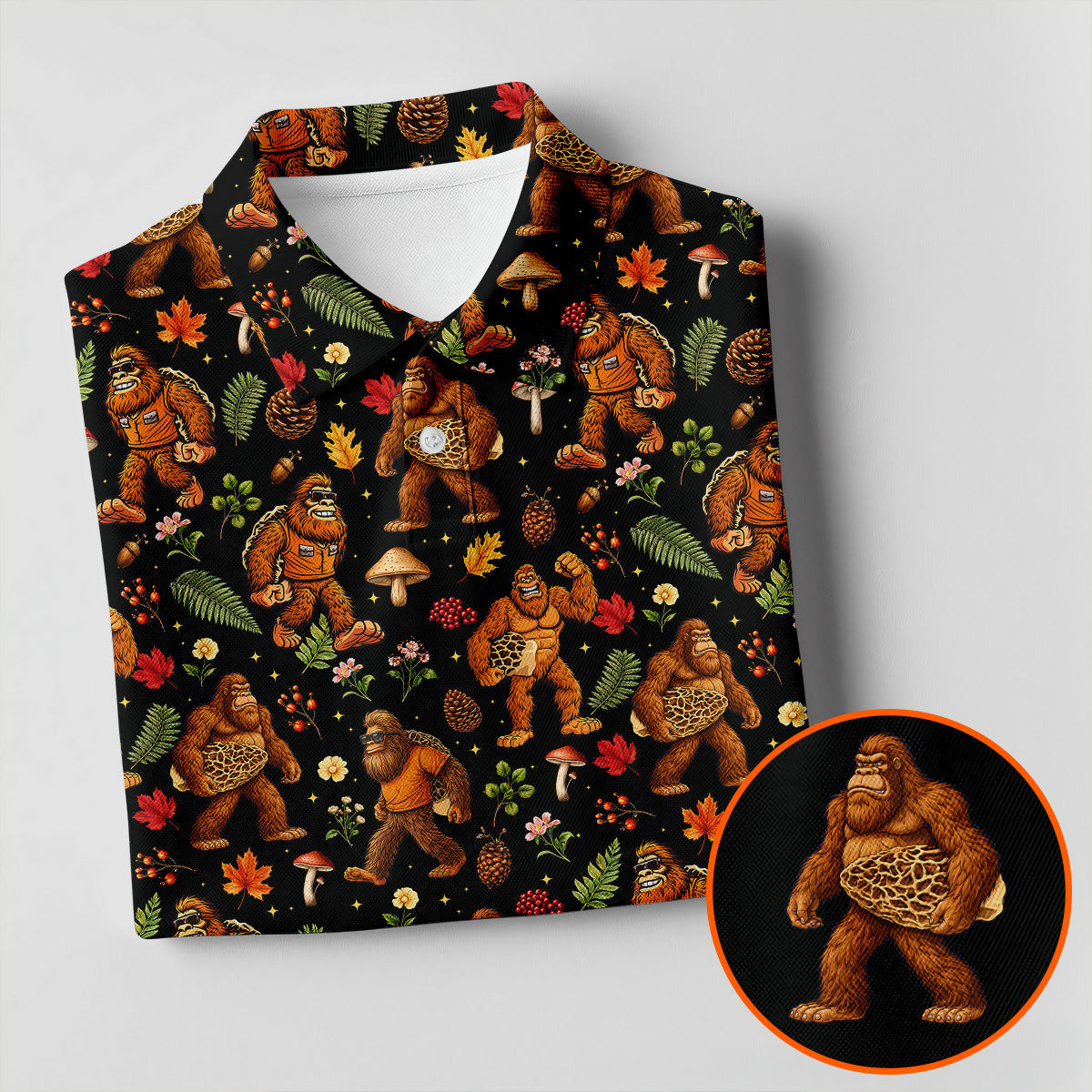 Autumn Bigfoot Forest Pattern Polo Shirt, Women’s Golf Apparel, Hawaiian Golf Shirt, Golf Tops For Women