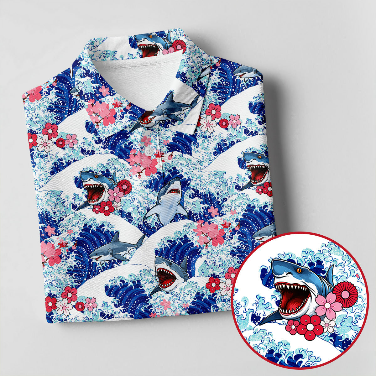 Funny Shark Japanese Wave Hawaiian Golf Shirt, Men's Golf Shirt, Polo Shirts For Men