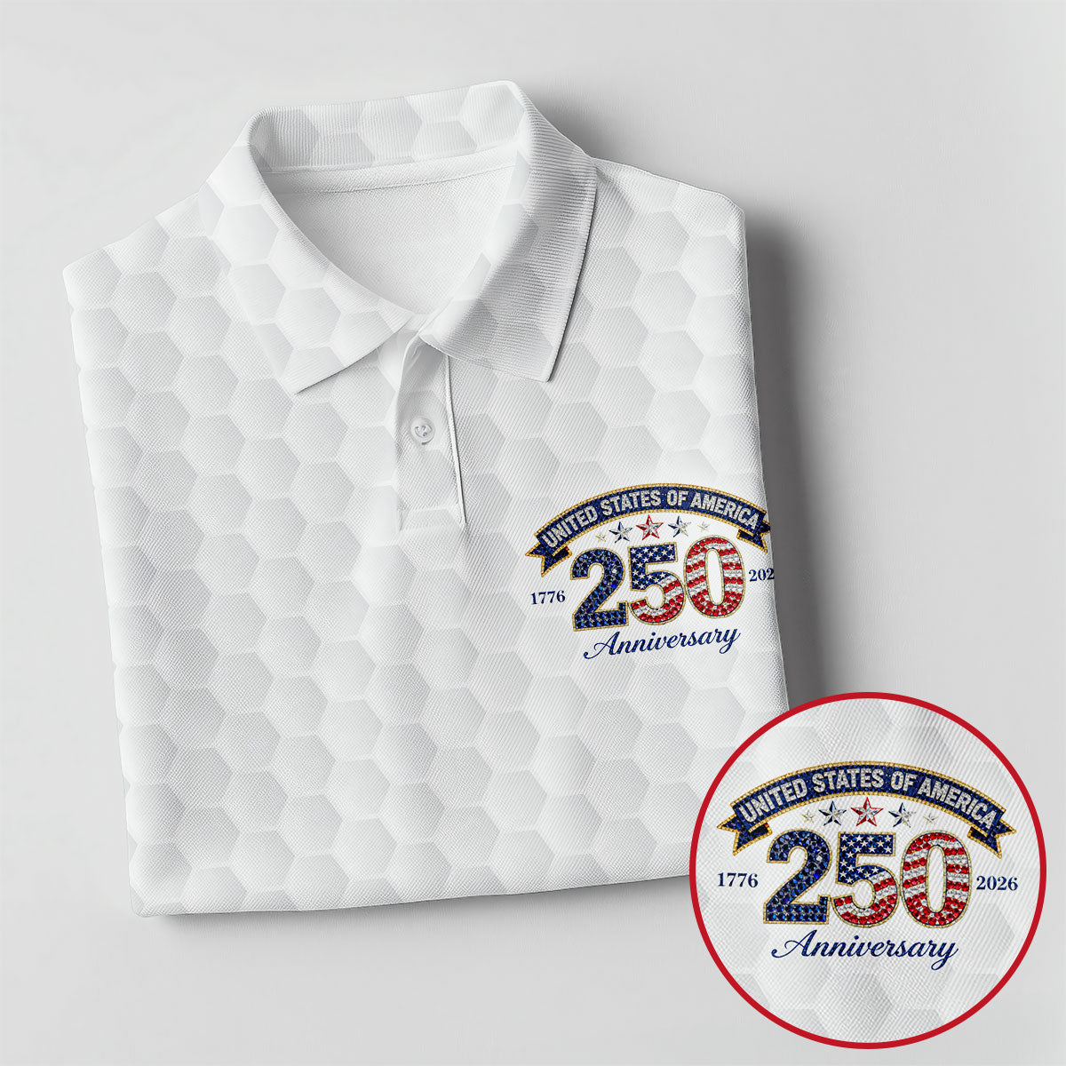250th Anniversary Golf Ball Pattern White Golf Shirt, Patriotic 4th Of July Golf Shirt, Golf Shirts For Men