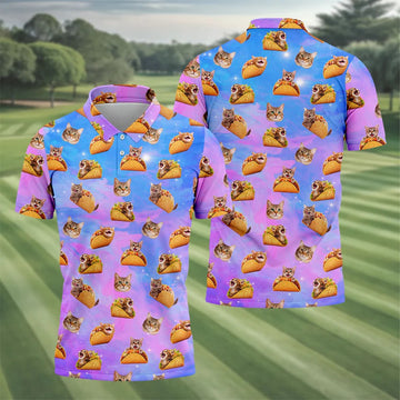 Funny Taco Cat Galaxy Pattern Golf Shirt, Mens Golf Apparel, Polo Shirts For Men