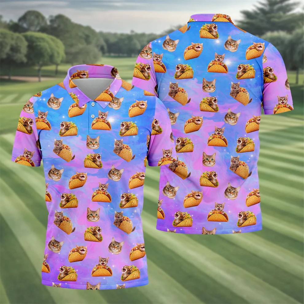 Funny Taco Cat Galaxy Pattern Golf Shirt, Mens Golf Apparel, Polo Shirts For Men