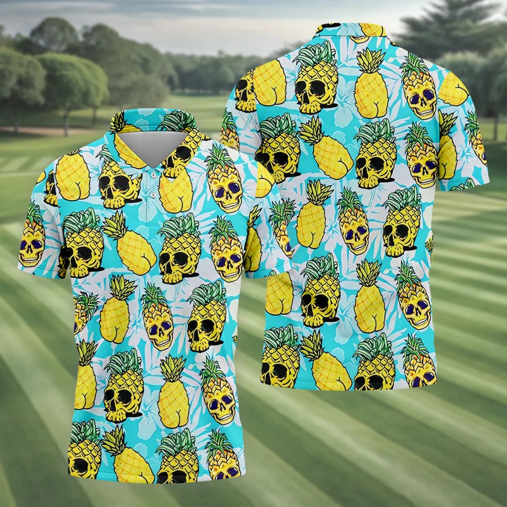 Tropical Pineapple Skull Pattern Golf Shirt, Mens Golf Shirts, Hawaiian Golf Shirt, Golf Apparel For Men