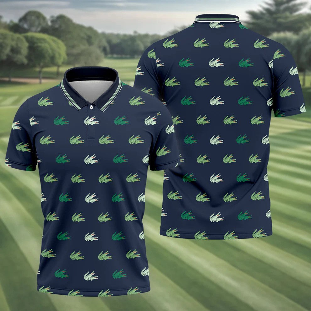 Navy Crocodile Pattern Golf Shirt, Mens Polo Shirt, Golf Shirts For Men, Performance Golf Shirt