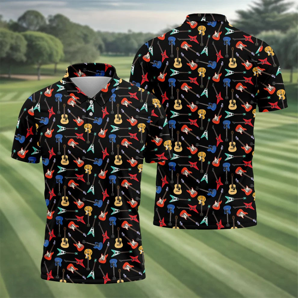 Guitar Pattern Hawaiian Golf Shirt, Music Lover Men's Golf Shirt, Polo Shirts For Men