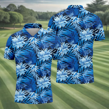 Blue Tropical Hibiscus Floral Golf Shirt, Mens Polo Shirts, Golf Apparel For Men