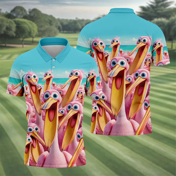 Funny Pink Pelican Beach Crowd Design Hawaiian Golf Shirt, Golf Shirts For Men, Polo Shirts For Men