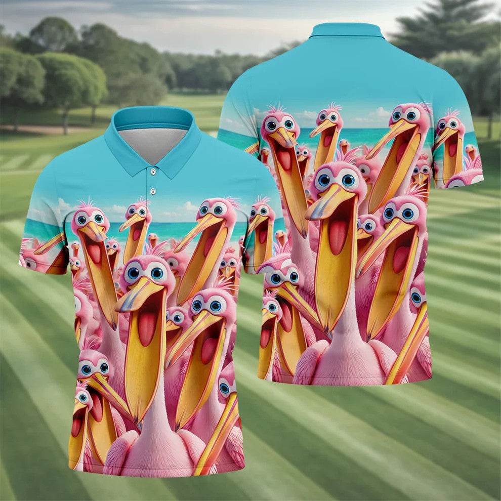 Funny Pink Pelican Beach Crowd Design Hawaiian Golf Shirt, Golf Shirts For Men, Polo Shirts For Men