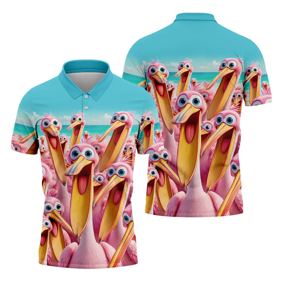 Funny Pink Pelican Beach Crowd Design Hawaiian Golf Shirt, Golf Shirts For Men, Polo Shirts For Men