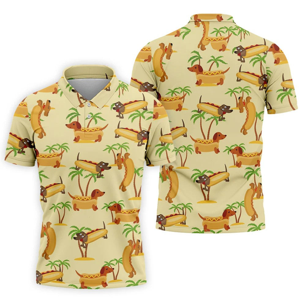Funny Hot Dog Dachshund Tropical Hawaiian Golf Shirt, Mens Golf Polo, Printed Golf Shirts