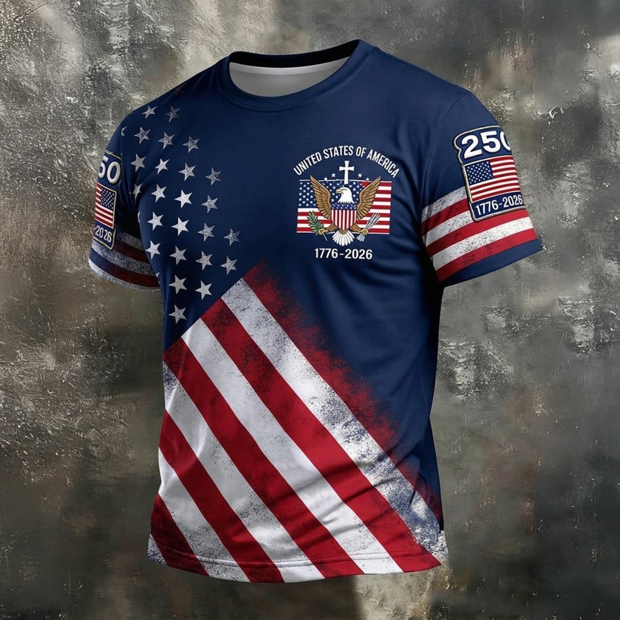 US Bald Eagle Distressed Flag 250 Faith Cross Golf Tops For Men, Patriotic 4th Of July Golf Shirts For Men