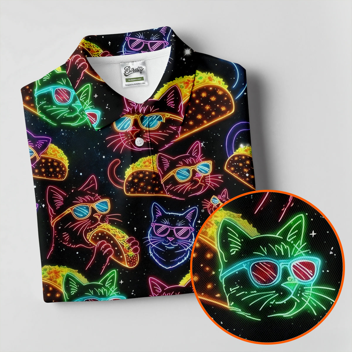 Neon Cat Taco Fiesta Time Hawaiian Golf Shirt, Cinco De Mayo Celebration Golf Shirt For Women
