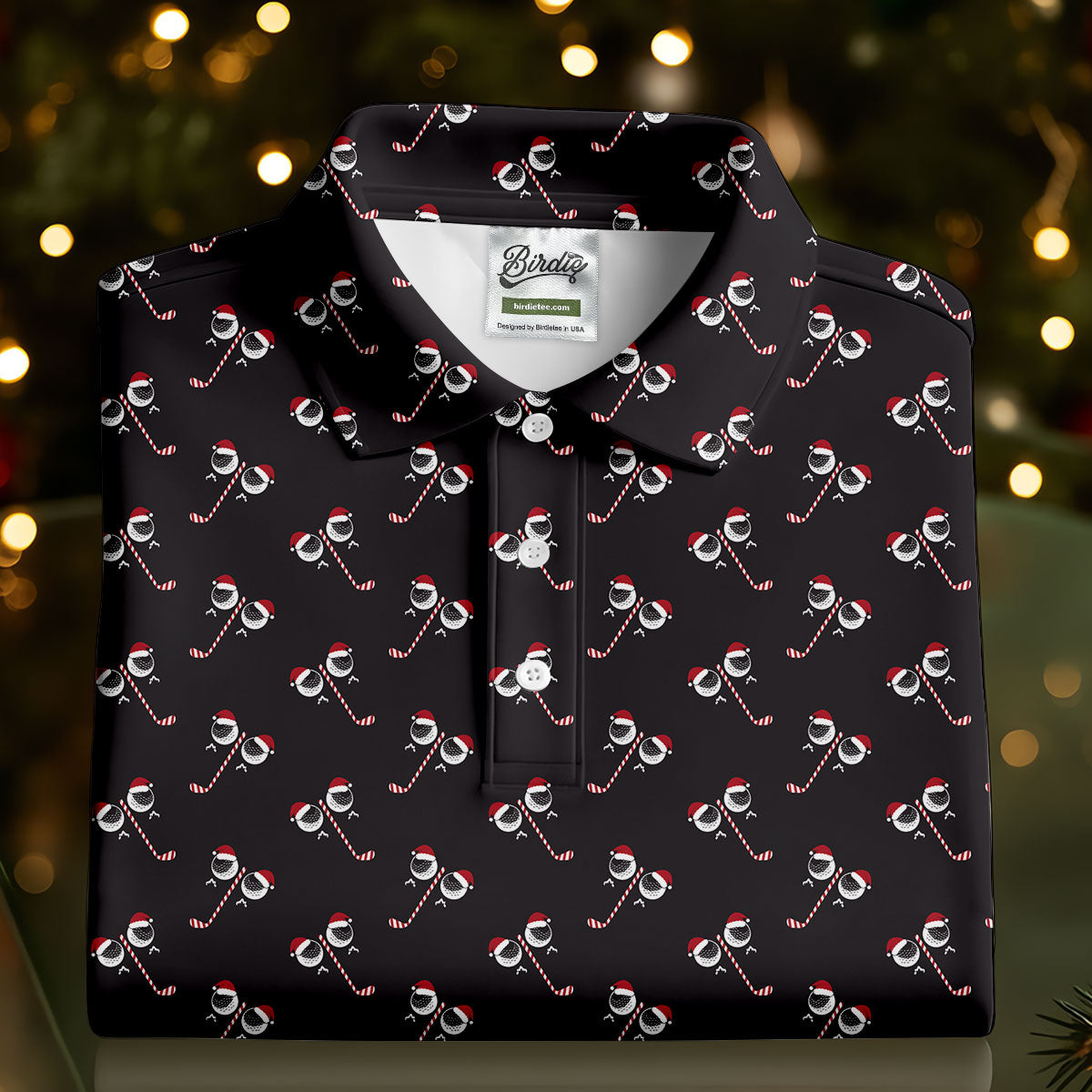 Funny Christmas Candy Cane Pattern Black Golf Shirt, Polo ShirtFor Men, Christmas Golf Shirt