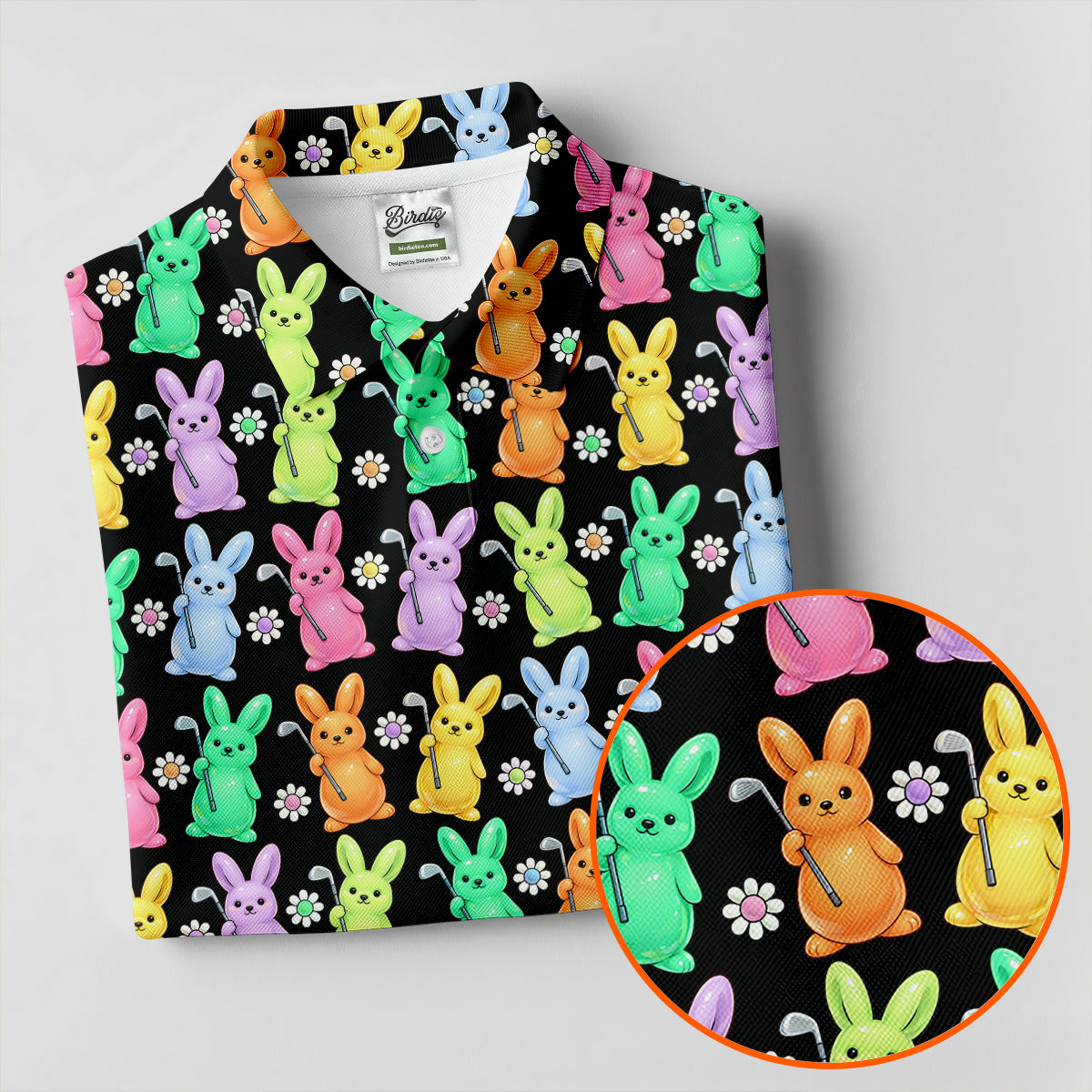 Colorful Easter Bunny Black Golf Shirt, Cute Golf Outfit, Golf Shirts For Men, Golf Gift For Men