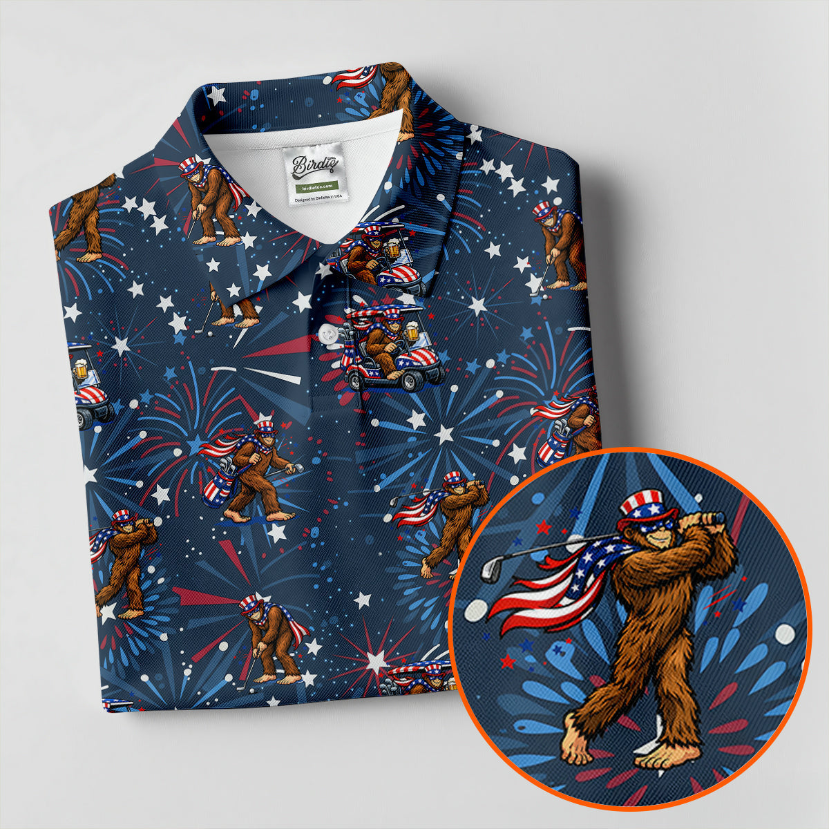 Funny Bigfoot Golf Pose Festive Vibe Navy 4th Of July Golf Shirts For Men, 250th Anniversary Patriotic Golf Shirt