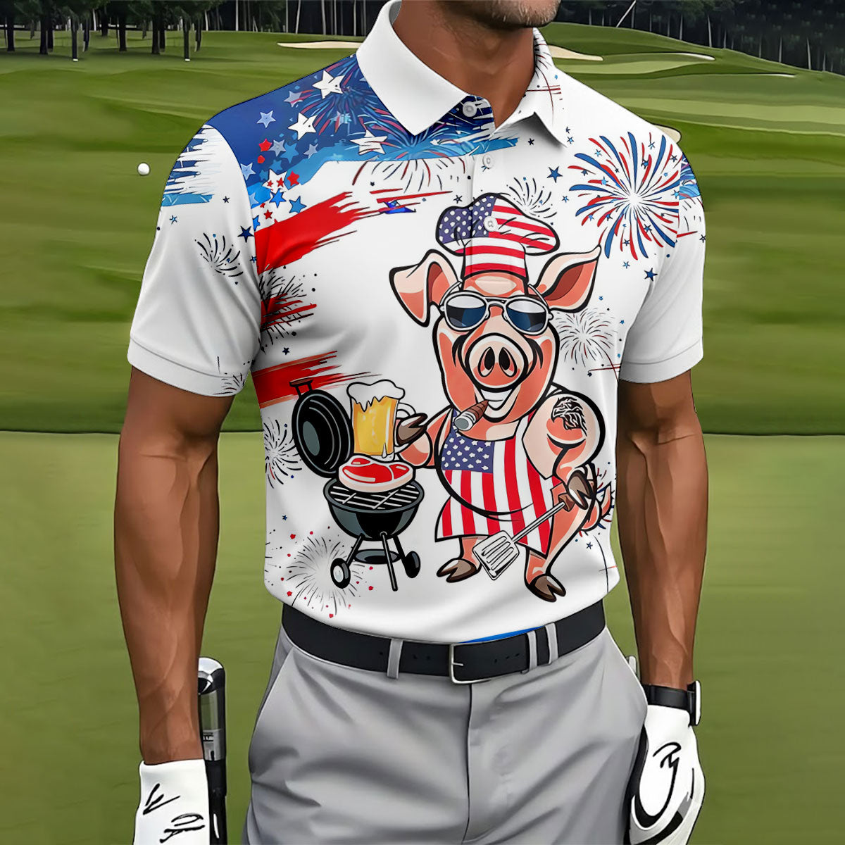 Patriotic American Flag Funny BBQ 250th Anniversary Polo Shirt Men, Golf Shirts For Men