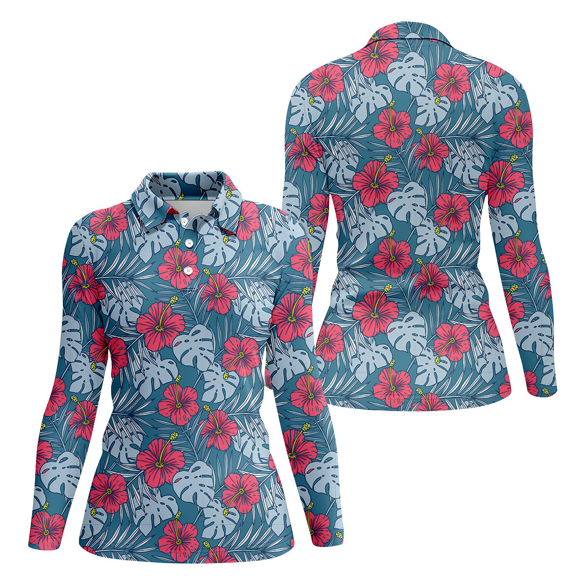 Hibiscus Flower And Leaf Patterned Golf Shirts, Womens Golf Polo Shirt Tropical Golf Shirts
