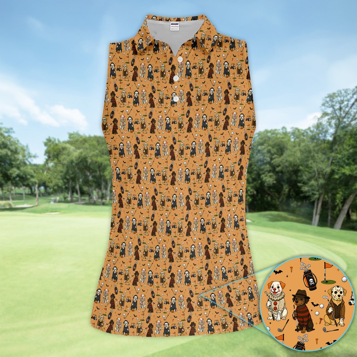 Funny Horror Dog Golf Pattern Shirt, Spooky Movie Dog Golf Shirt For Women, Halloween Golfer Gift