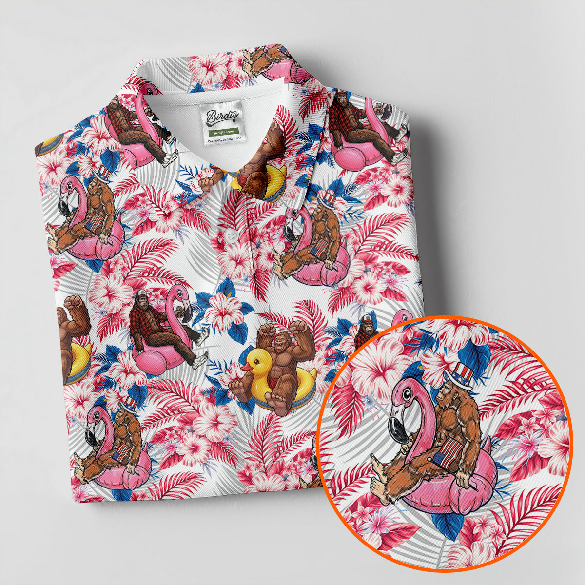 Funny Bigfoot Pool Party Hawaiian Golf Shirt, Red White Blue Tropical Flamingo Golf Shirt For Women