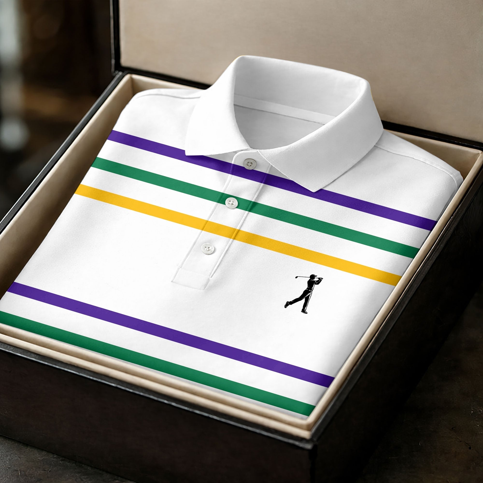 Mardi Gras Purple Green Gold Stripe Pattern Golf Tops For Men, Men's White Polo, Golf Shirts For Men