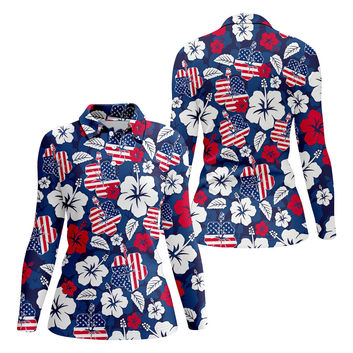 Tropical Hibiscus American Flag Womens Golf Polo Shirt Patriotic Golf Shirt, USA Golf Shirt Custom Ladies Golf Shirt