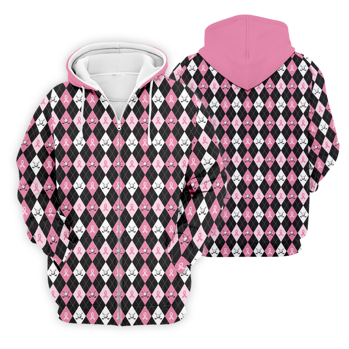 Black Pink Argyle Men's Golf Polo Shirt, Breast Cancer Golf Shirt, Golf Gift For Men, Matching Golf Shirts