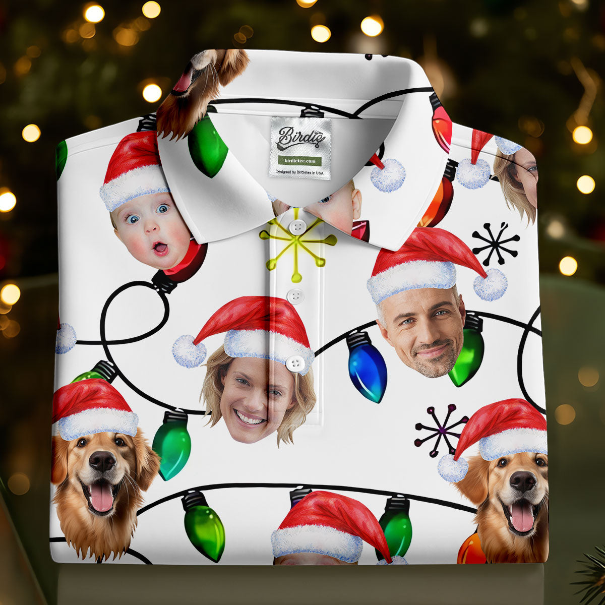 Custom Family Portrait Christmas Lights Pattern Women Golf Top, Christmas Golf Shirt, Ladies Golf Tops