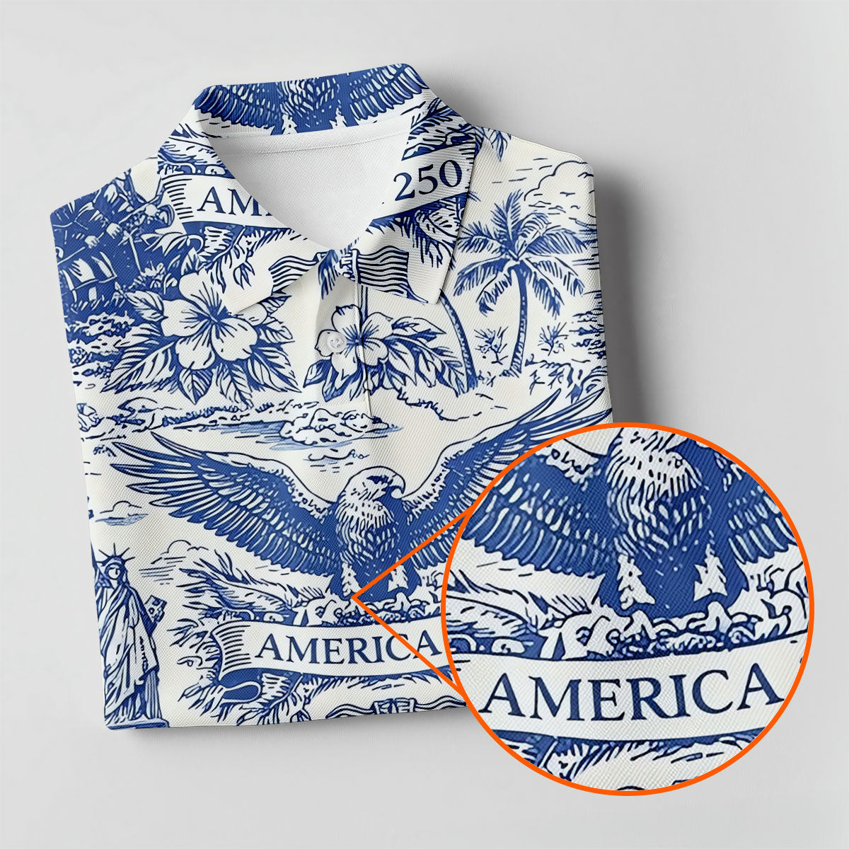 250th Anniversary Toile De Jouy American Symbols Vintage Golf Shirt, Patriotic 4th Of July Golf Shirts For Men