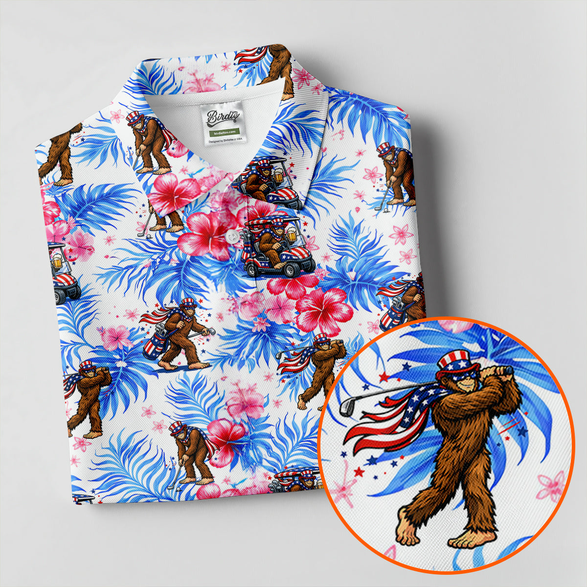Funny Bigfoot Golf Pose 4th Of July Tropical Vibe Golf Shirts For Men, 250th Anniversary Patriotic Golf Shirt