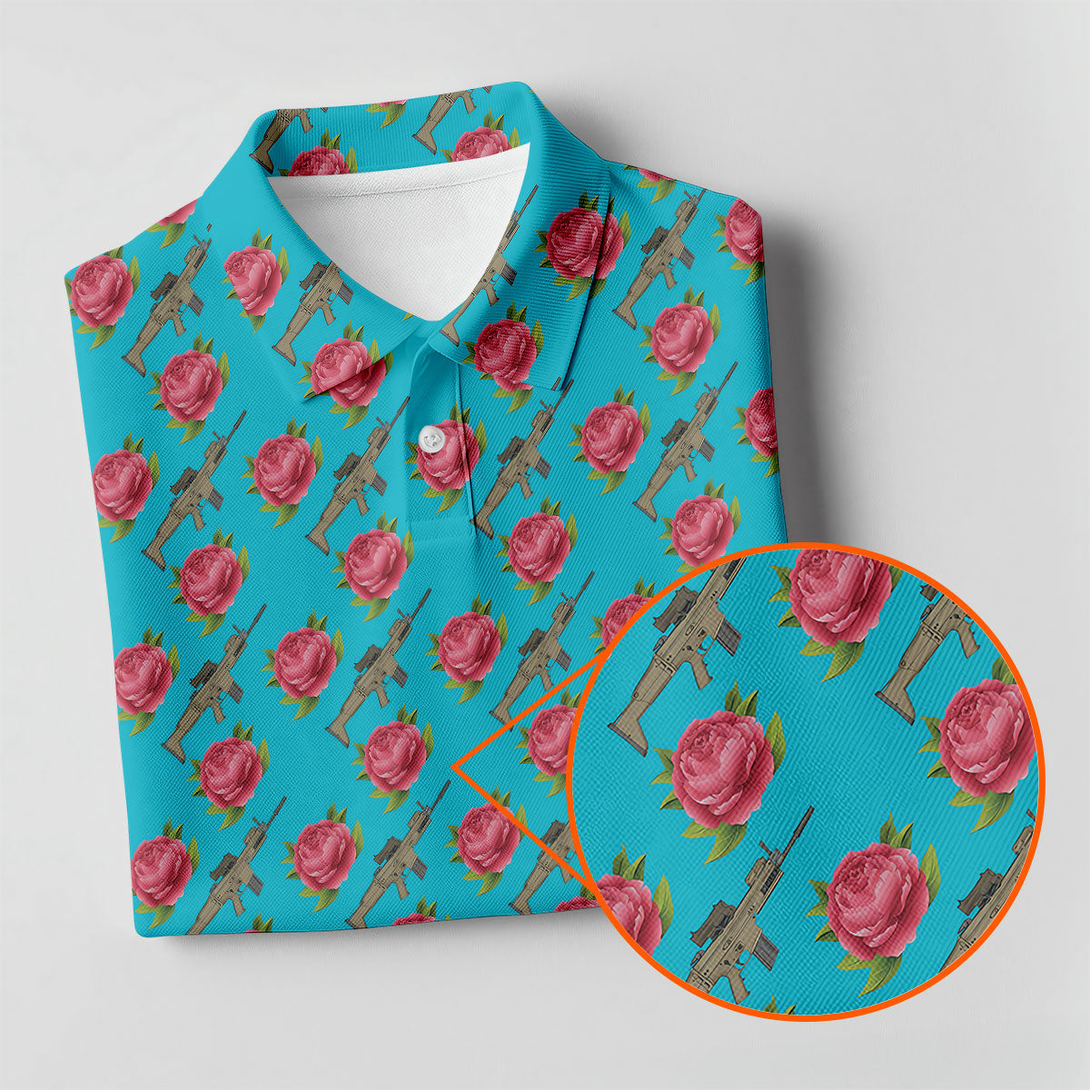 Gun And Rose Seamless Pattern Blue Golf Shirt, Golf Tops For Men, Golf Shirts For Men
