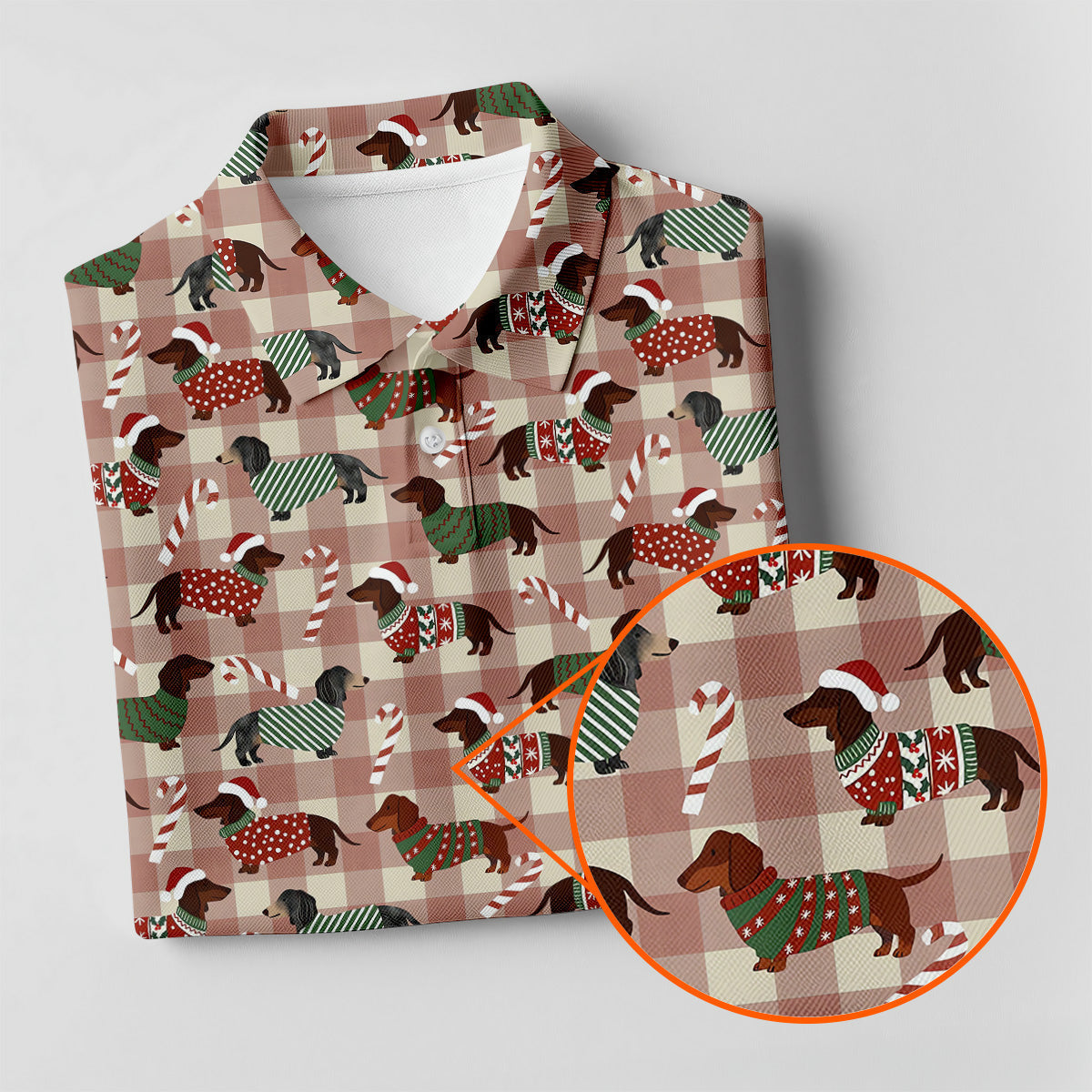 Christmas Dachshund Pink Checkered Women's Golf Tops, Christmas Golf Shirt, Ladies Golf Polos