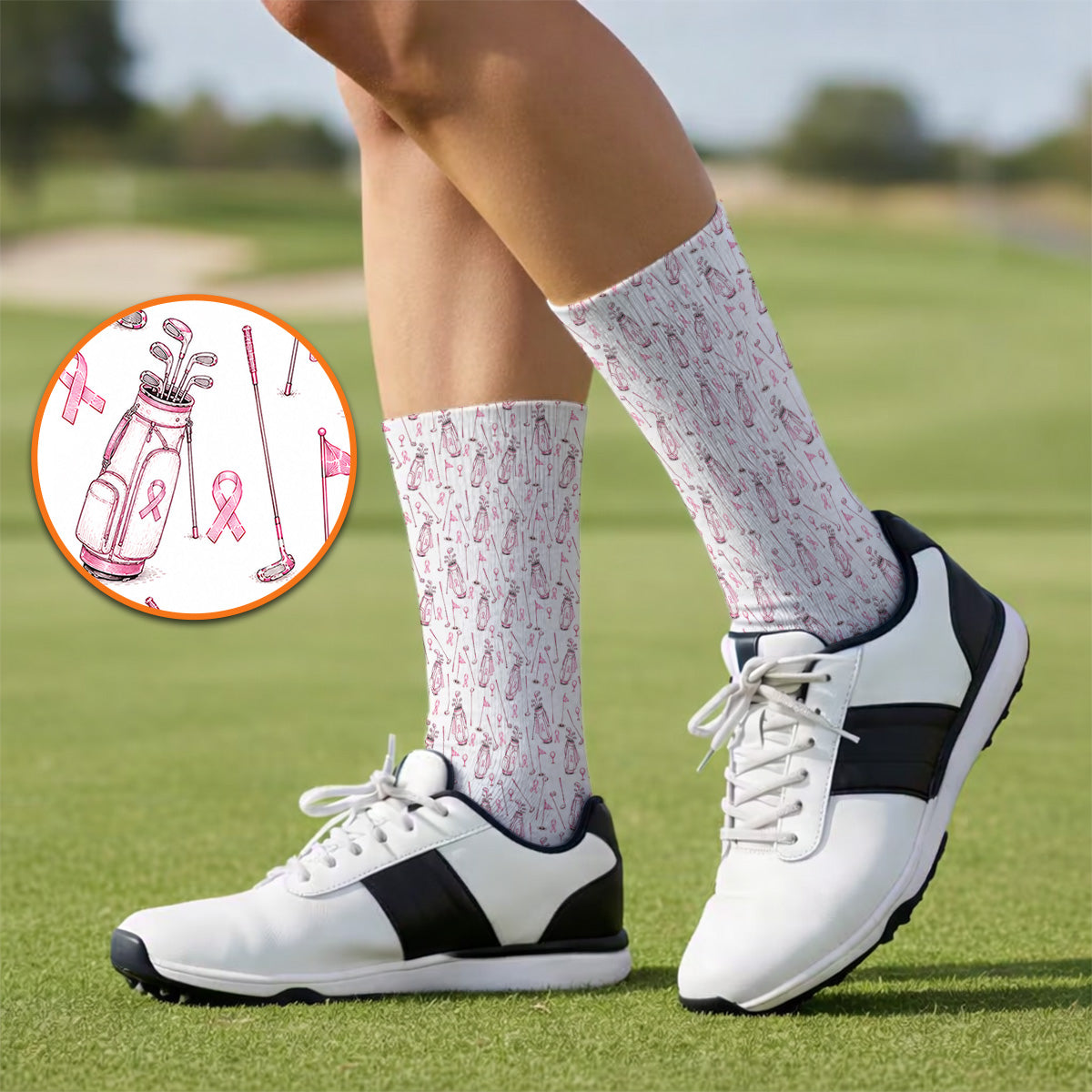 Breast Cancer Pattern Golf Sock, Pink Ribbon Golf Socks for Golf Lovers, Support Breast Cancer Awareness Gift