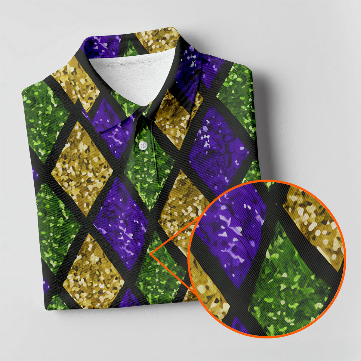 Green Purple Gold Argyle Pattern Sparkling Effect Mardi Gras Golf Shirt, Women's Golf Tops, Ladies Golf Shirts