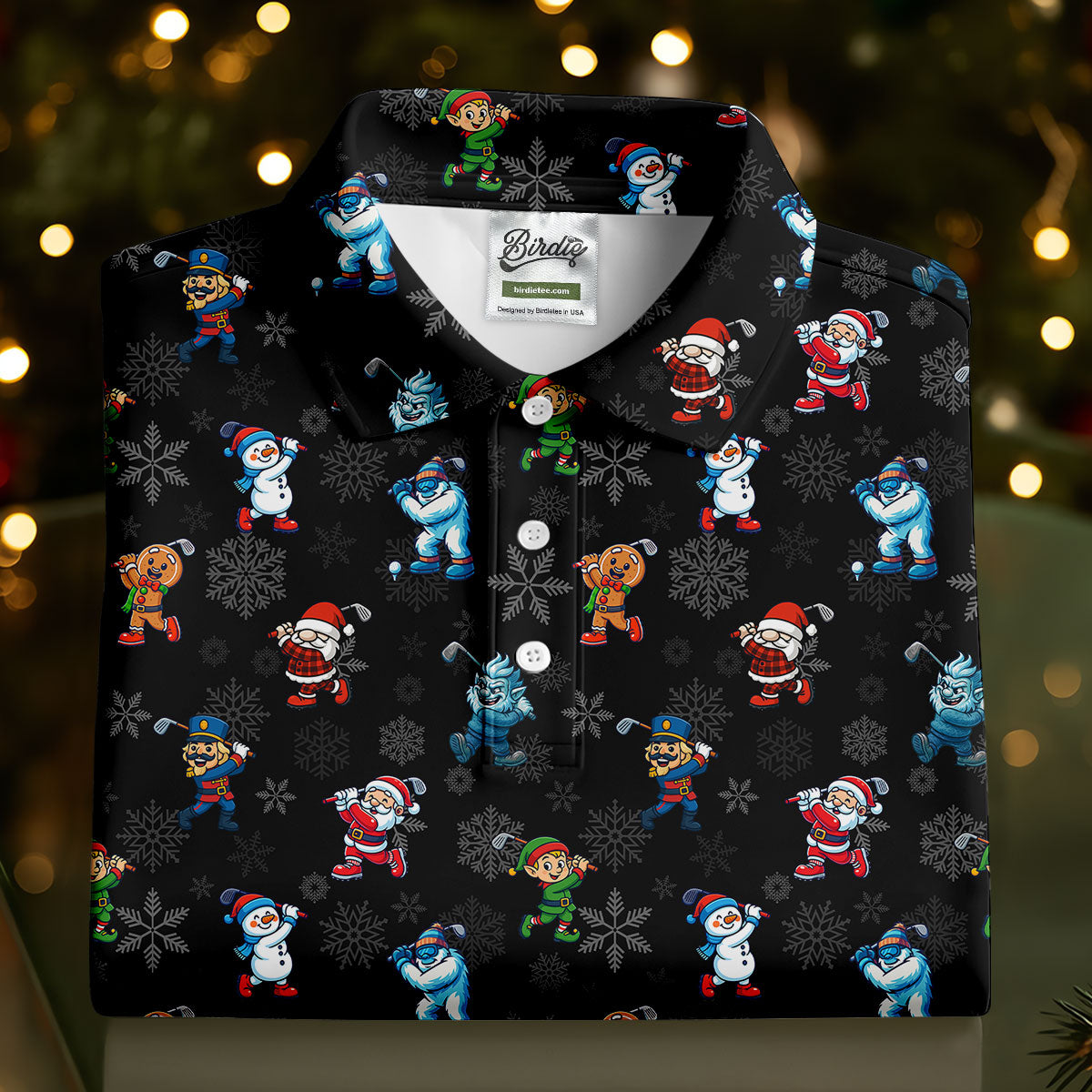 Funny Christmas Characters Golf Pose Black Golf Shirt, Christmas Golf Shirt, Ladies Golf Shirts, Women's Polo Shirt