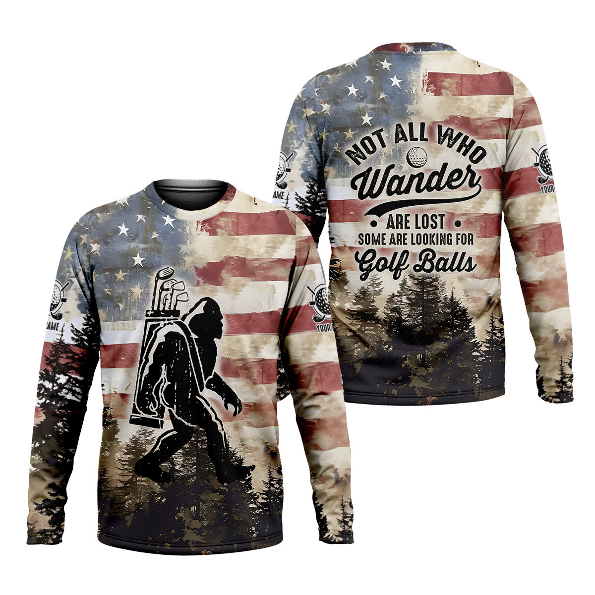 Patriotic Golf Polo Shirt Bigfoot Golf Shirt, Men's Long Seeve Golf Shirts, Golf Gifts For Men