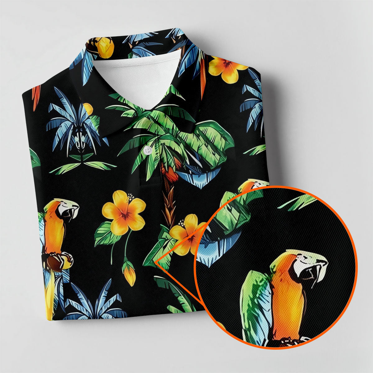 Black Tropical Parrot Palm Flower Pattern Golf Shirt, Men's Golf Shirt, Mens Polo Shirts, Hawaiian Golf Shirt