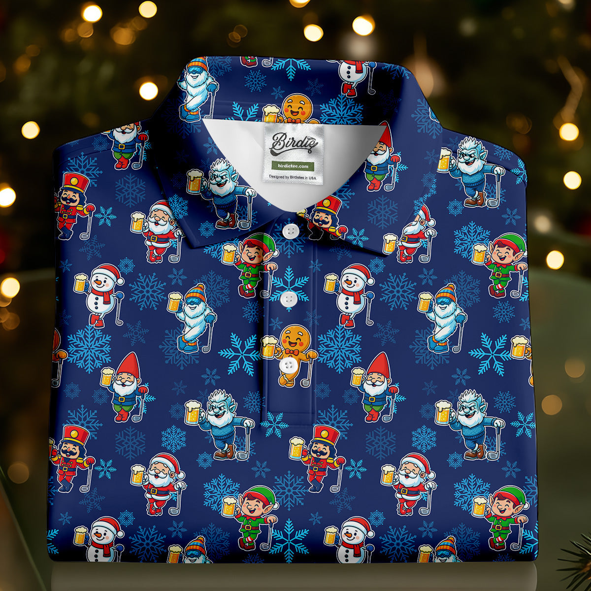 Christmas Characters Golf And Beer Navy Men's Funny Golf Shirts, Christmas Golf Shirt, Polo ShirtFor Men