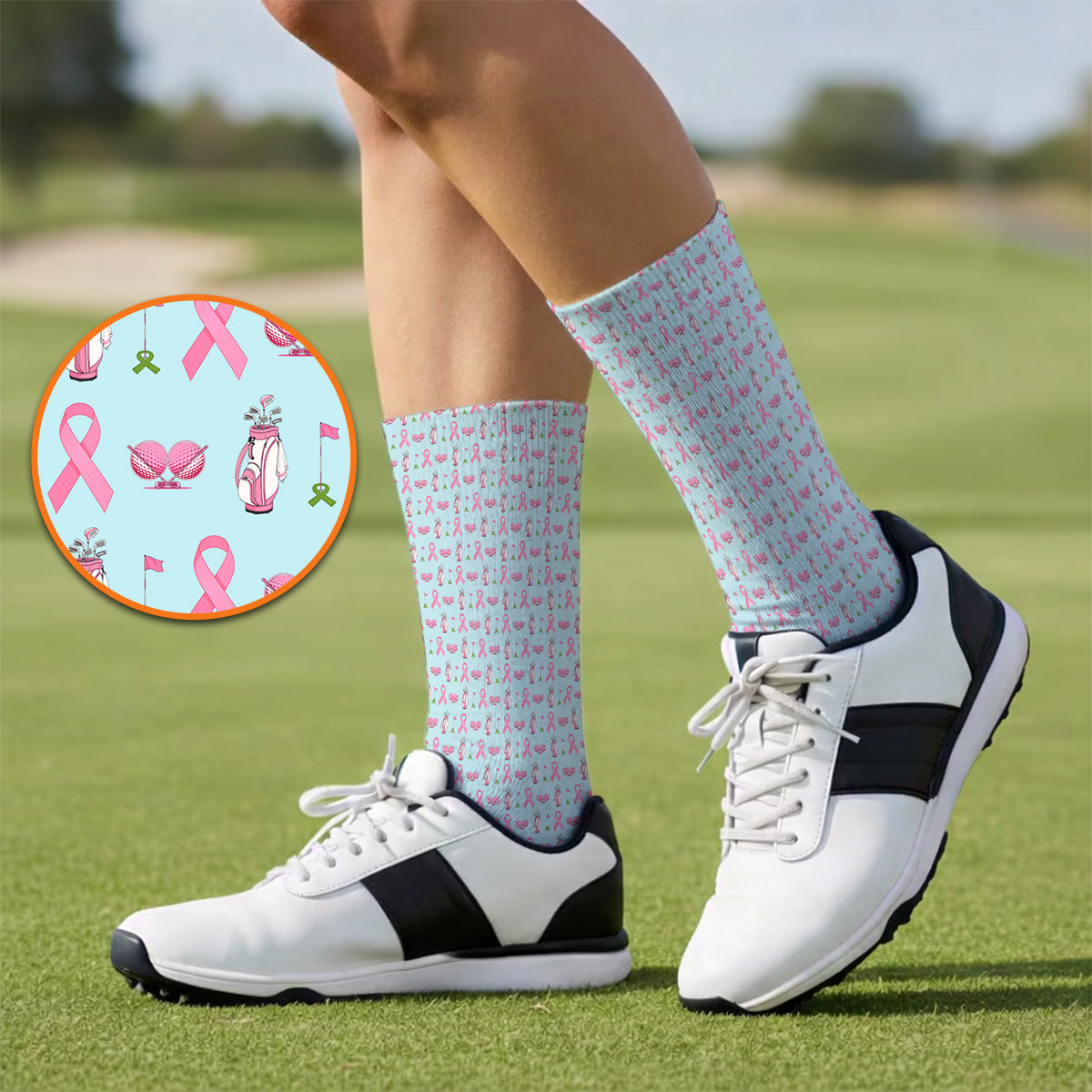 Breast Cancer Pattern Golf Socks, Pink Ribbon Golf Sock for Golf Lovers, Support Breast Cancer Awareness Gift