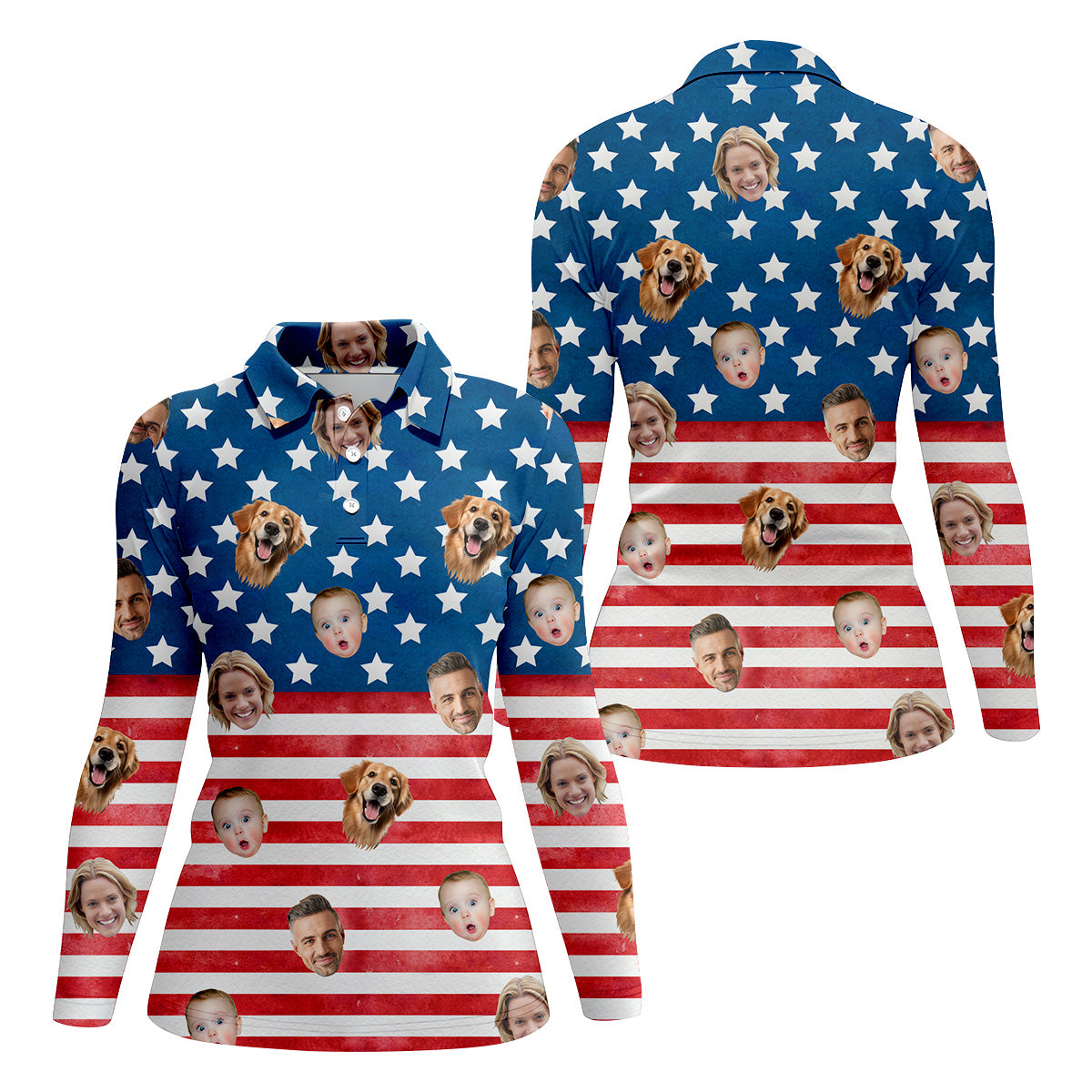 Custom Face Shirt, Personalized Dog Shirts, American Flag Golf Shirt, Long Sleeve Golf Shirts, Golf Tops For Women, Family Portrait Golf Shirt