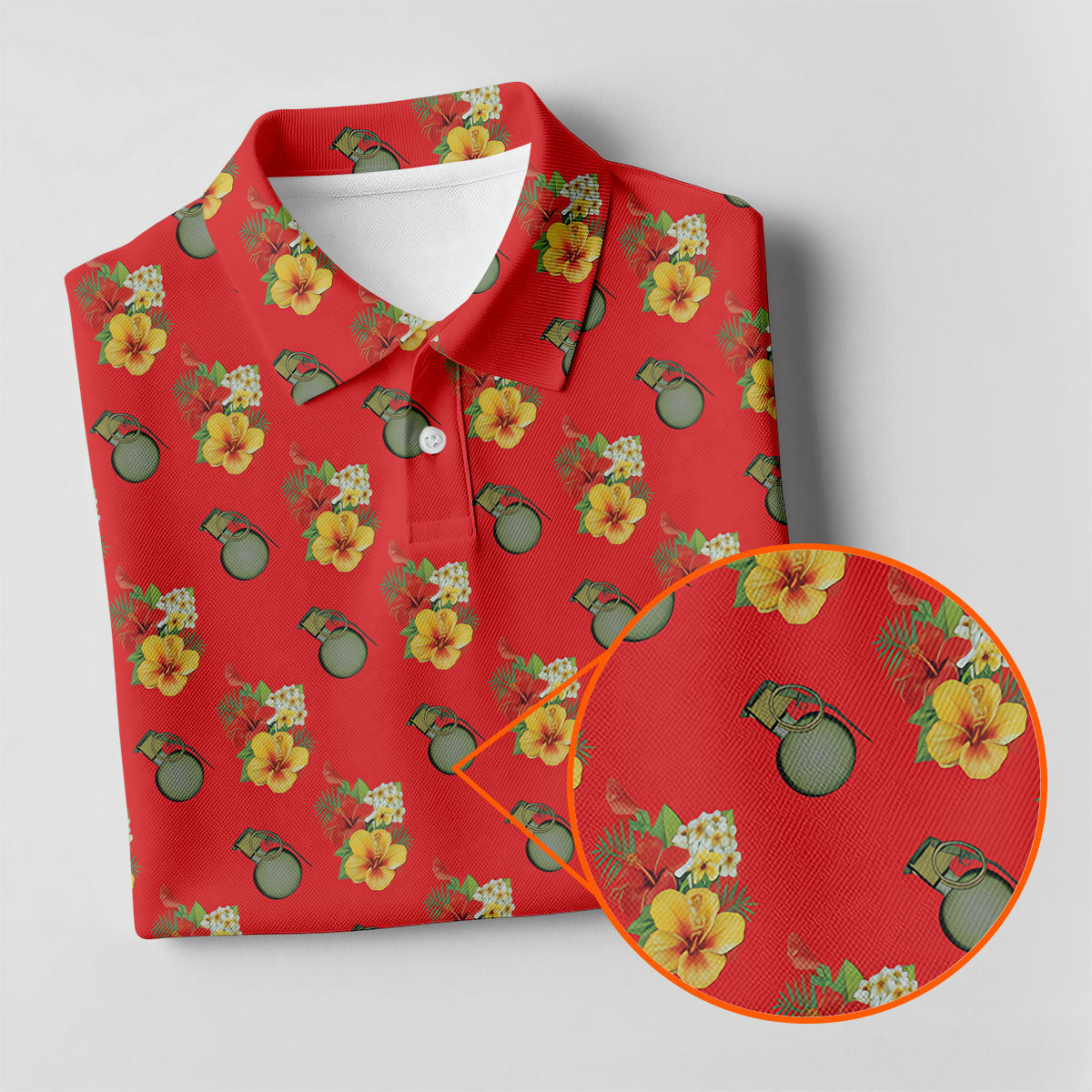 Hibiscus Flowers Green Grenades Seamless Pattern Red Golf Shirt, Golf Tops For Men, Golf Shirts For Men