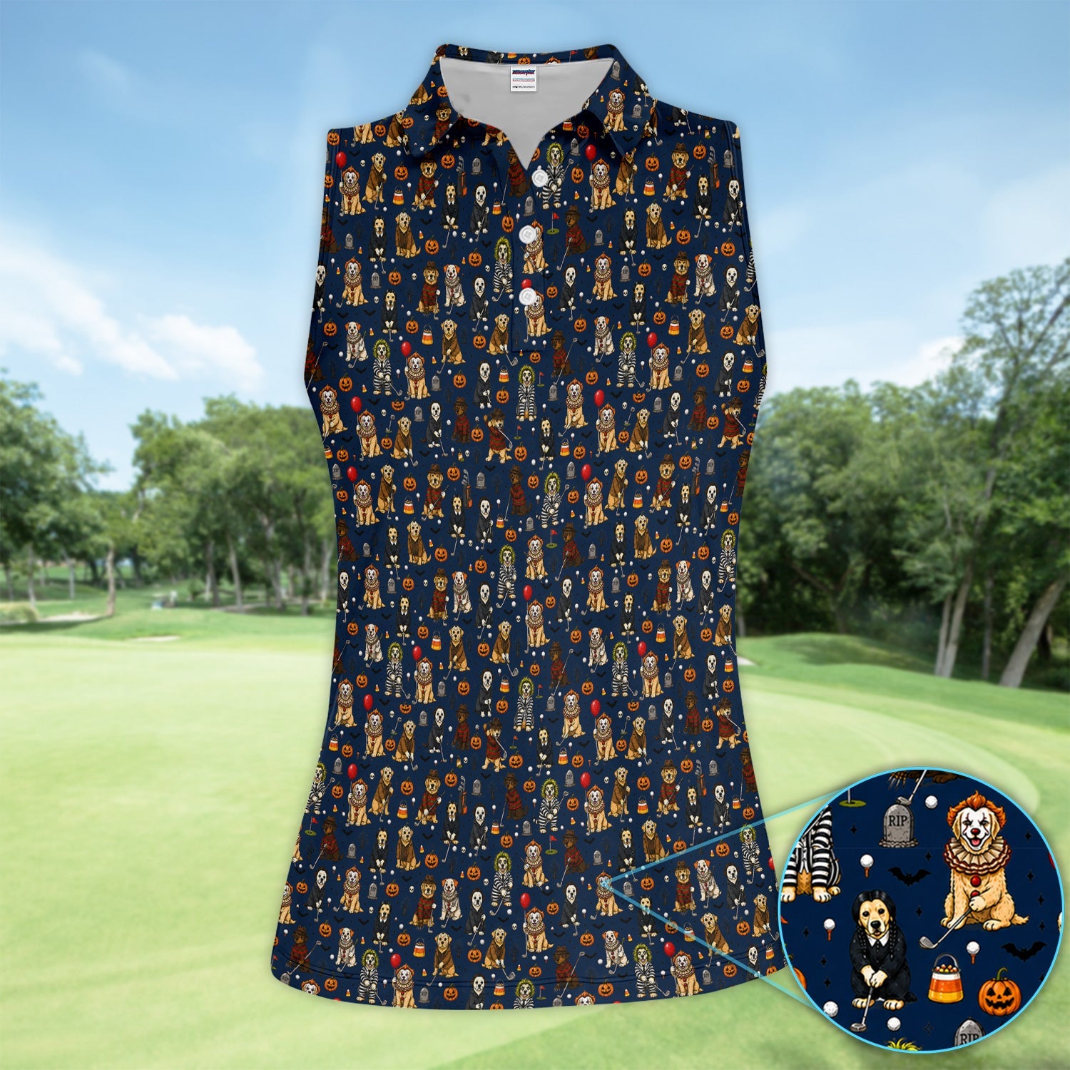 Funny Horror Dog Halloween Golf Pattern Shirt, Spooky Movie Dog Golf Shirt For Women, Halloween Golfer Gift