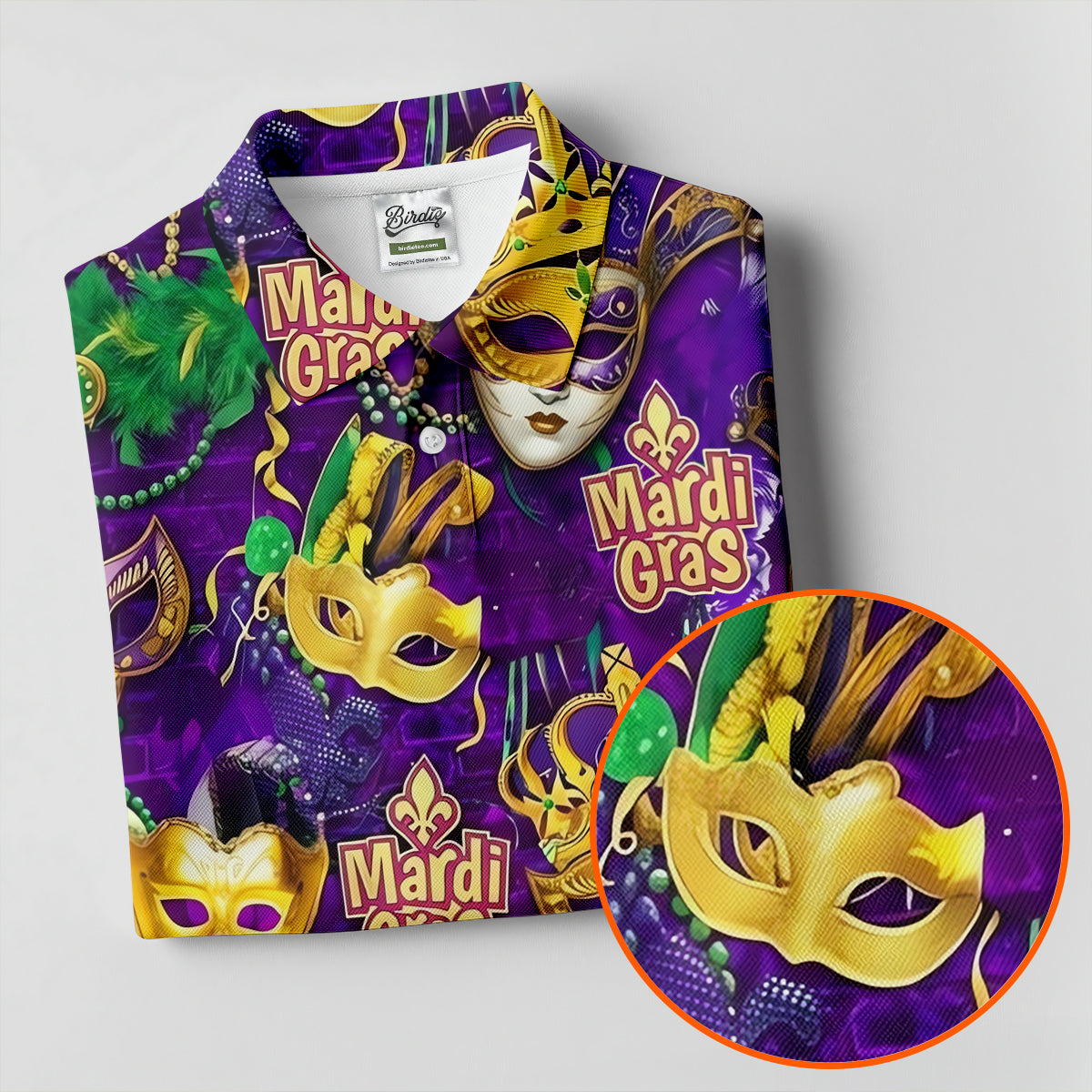 Purple Green Gold Festival Mask Mardi Gras Golf Shirt, Golf Tops For Men, Golf Shirts For Men